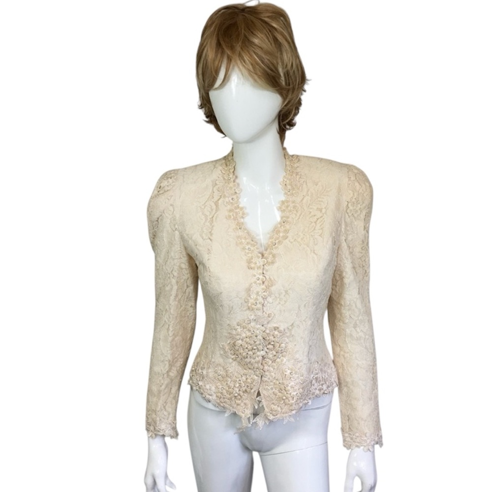 Cachet by Bari Protas Vintage Romantic Champagne Lace Blouse  / Jacket Size S